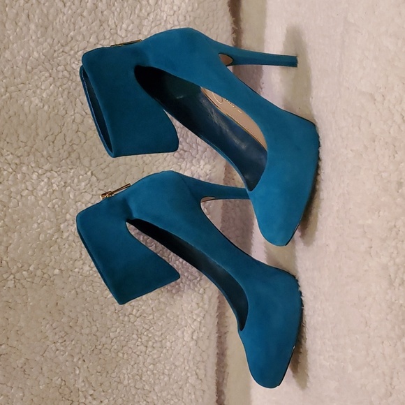 Jessica Simpson Ankle Cuff Suede Stiletto Heels ~ Peacock Blue - Picture 3 of 8